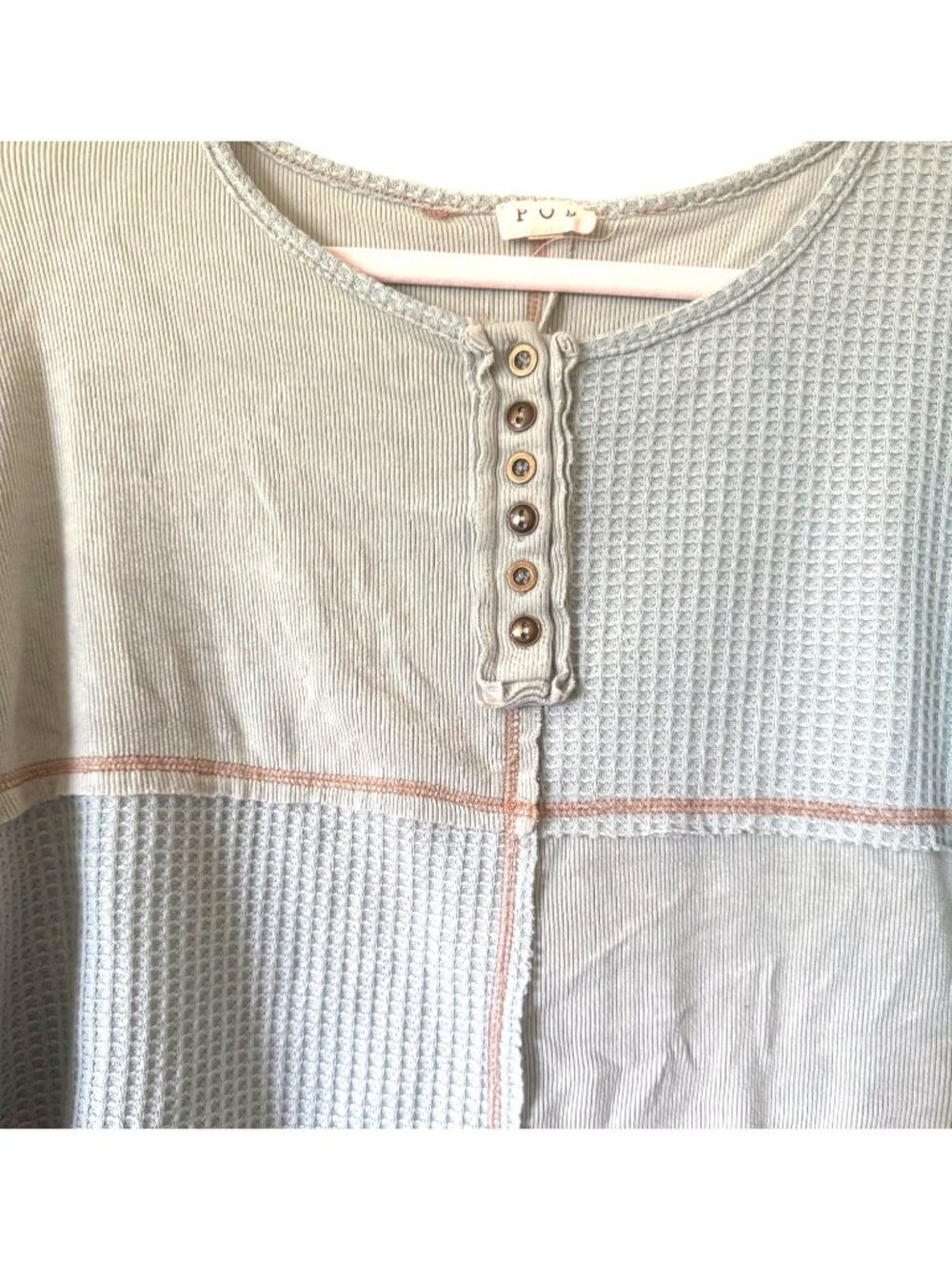 POL Oversized Alexa Pieced Waffle Knit Henley In Dusty Aqua & Sage Med Long Slv - Picture 3 of 5